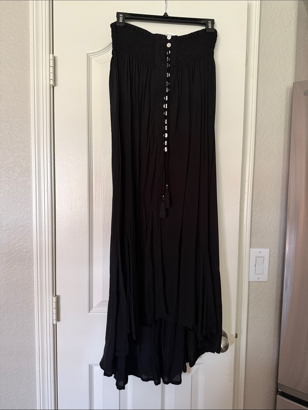 Tiare Hawaii Black High-Low Maxi Skirt with Button Tassel
